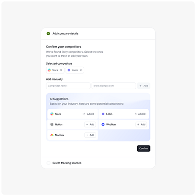 Onboarding for AI-powered competitor radar for SaaS founders. ai b2b competitors founder minimal onboarding product design progress saas steps tracking