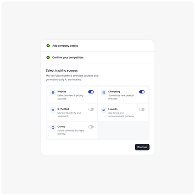 Onboarding for AI-powered competitor radar for SaaS founders. ai b2b b2c founder minimal onboarding product design progress saas sources steps tracking