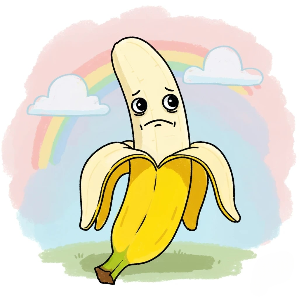 A sad, half-peeled cartoon banana 3d animation app branding card design font graphic design icon idea illustration logo motion graphics pattern plant sign typography ui ux vector