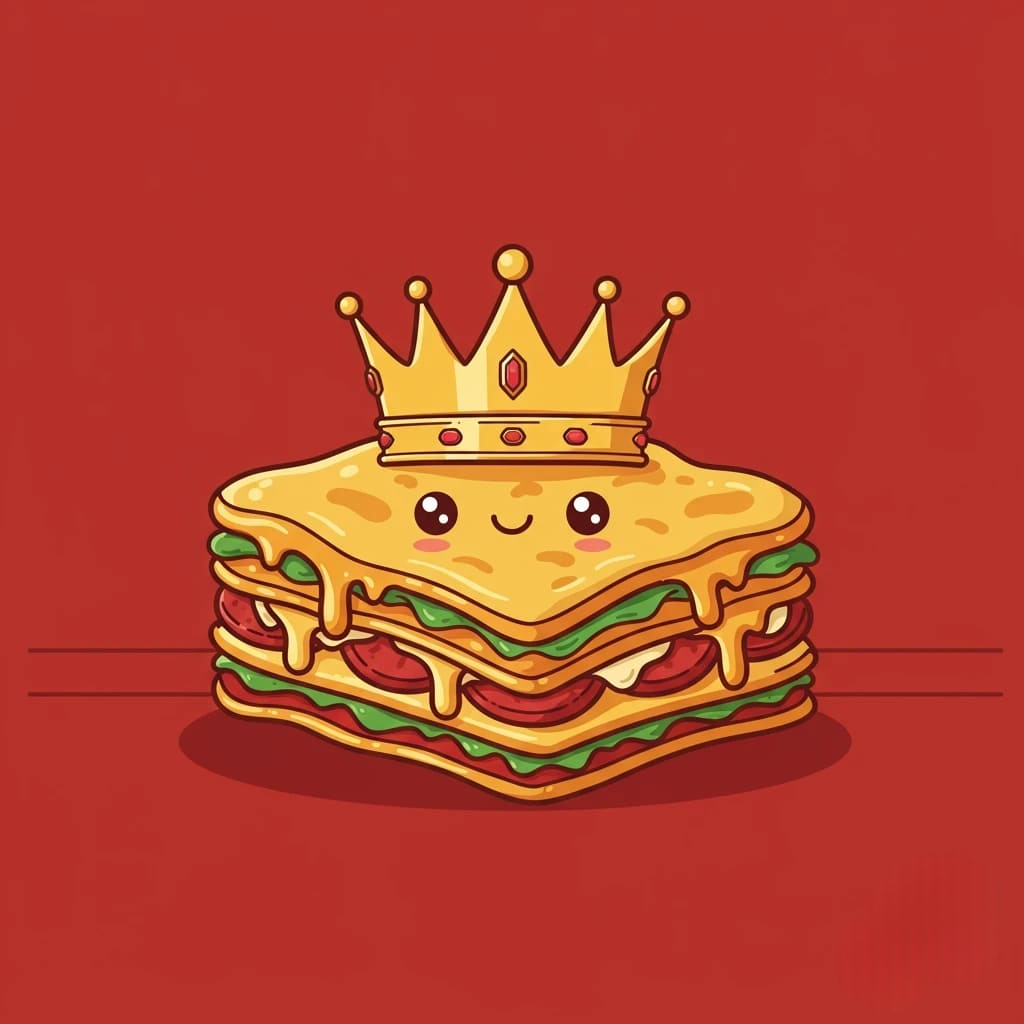 A cute, cartoonish lasagna wearing a gold crown 3d animation app branding card design font graphic design icon idea illustration logo motion graphics pattern plant sign typography ui ux vector