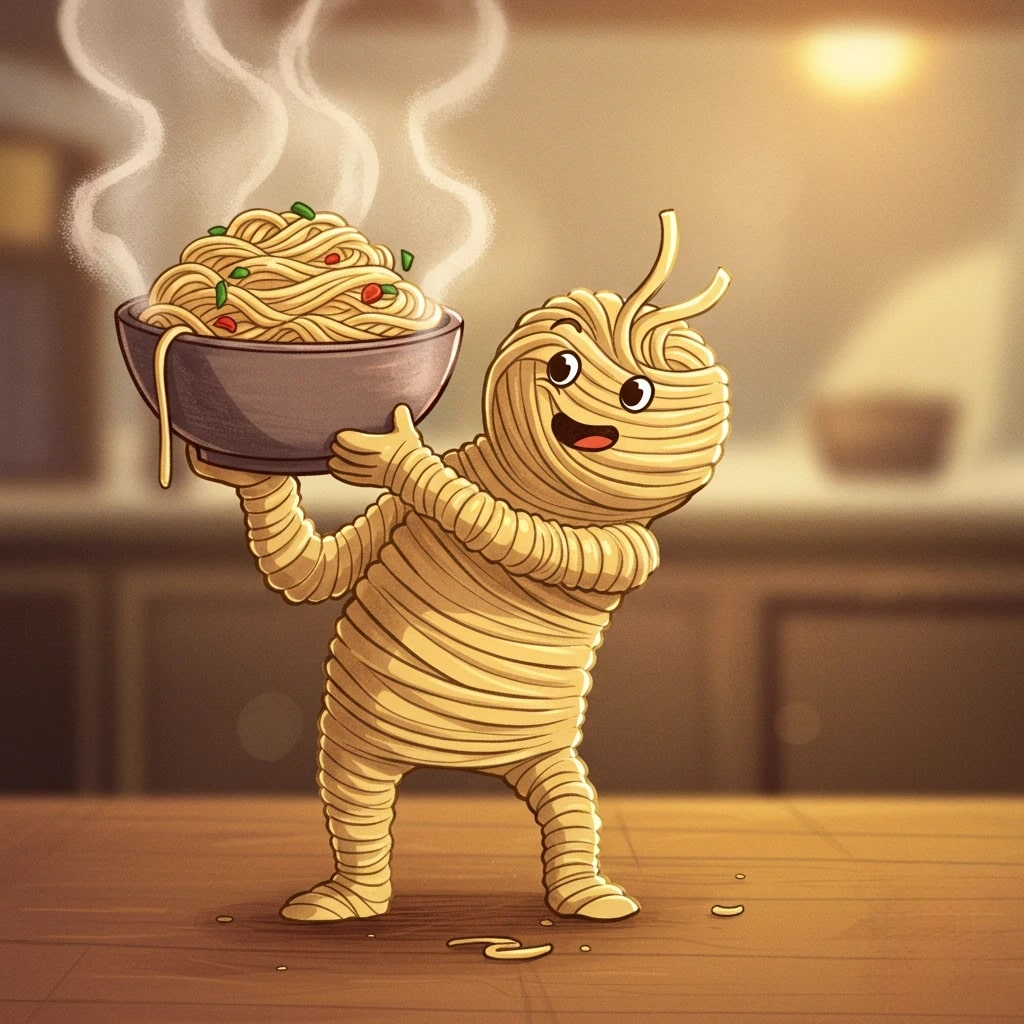 A cute, cartoon-style character made of ramen noodles 3d animation app branding card design font graphic design icon idea illustration logo motion graphics pattern plant sign typography ui ux vector