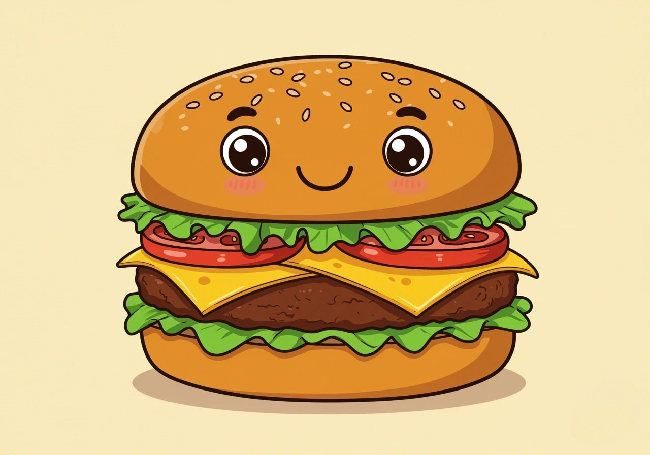 A cute, happy cartoon burger 3d animation app branding card design font graphic design icon idea illustration logo motion graphics pattern plant sign typography ui ux vector