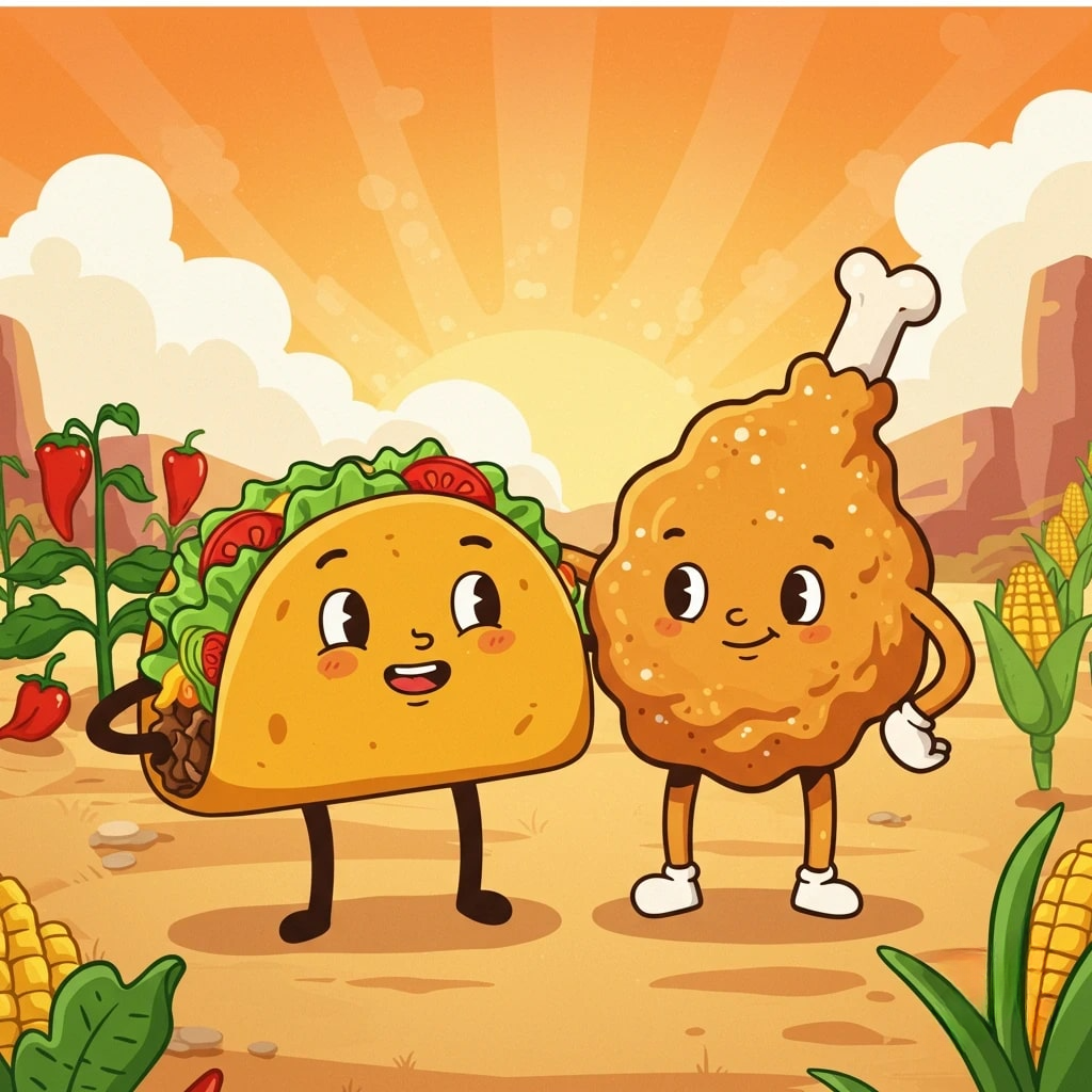 A cartoon taco and fried chicken drumstick 3d animation app branding card design font graphic design icon idea illustration logo motion graphics pattern plant sign typography ui ux vector