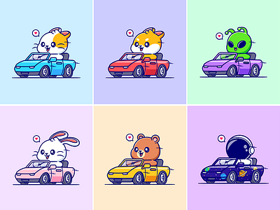 Animal Driving Car🐱🐰🐻🚗 branding card design font icon idea illustration logo pattern ui