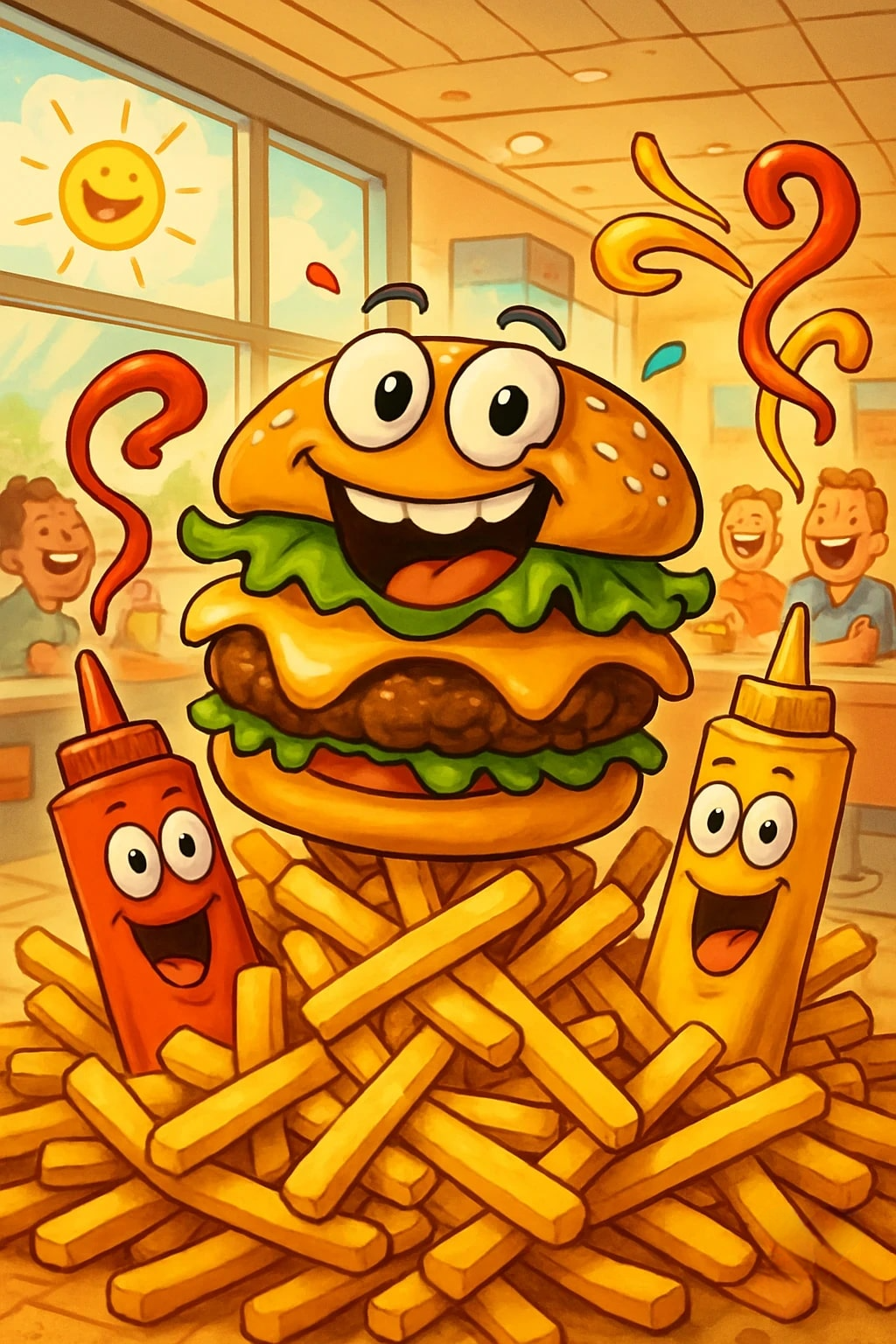 A happy cartoon burger on a pile of french fries 3d animation app branding card design font graphic design icon idea illustration logo motion graphics pattern plant sign typography ui ux vector