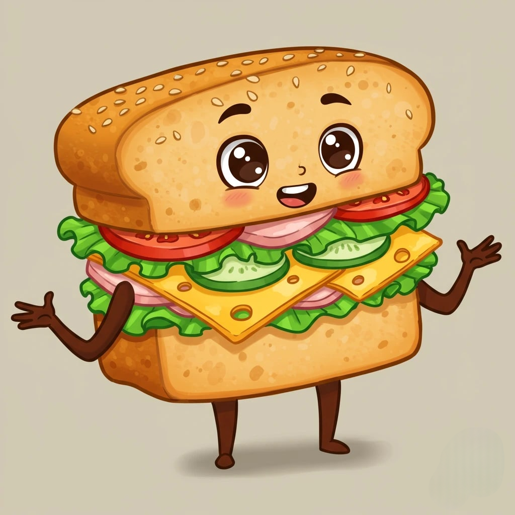 A cheerful anthropomorphic cartoon sandwich 3d animation app branding card design font graphic design icon idea illustration logo motion graphics pattern plant sign typography ui ux vector