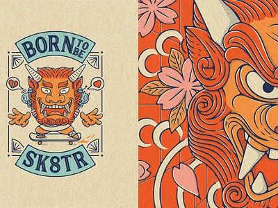 Skating around the Globe apparel design asian style badge design character character design chinese deck foo dog graphic design illustration japanese mask skate skating tshirt design vector art