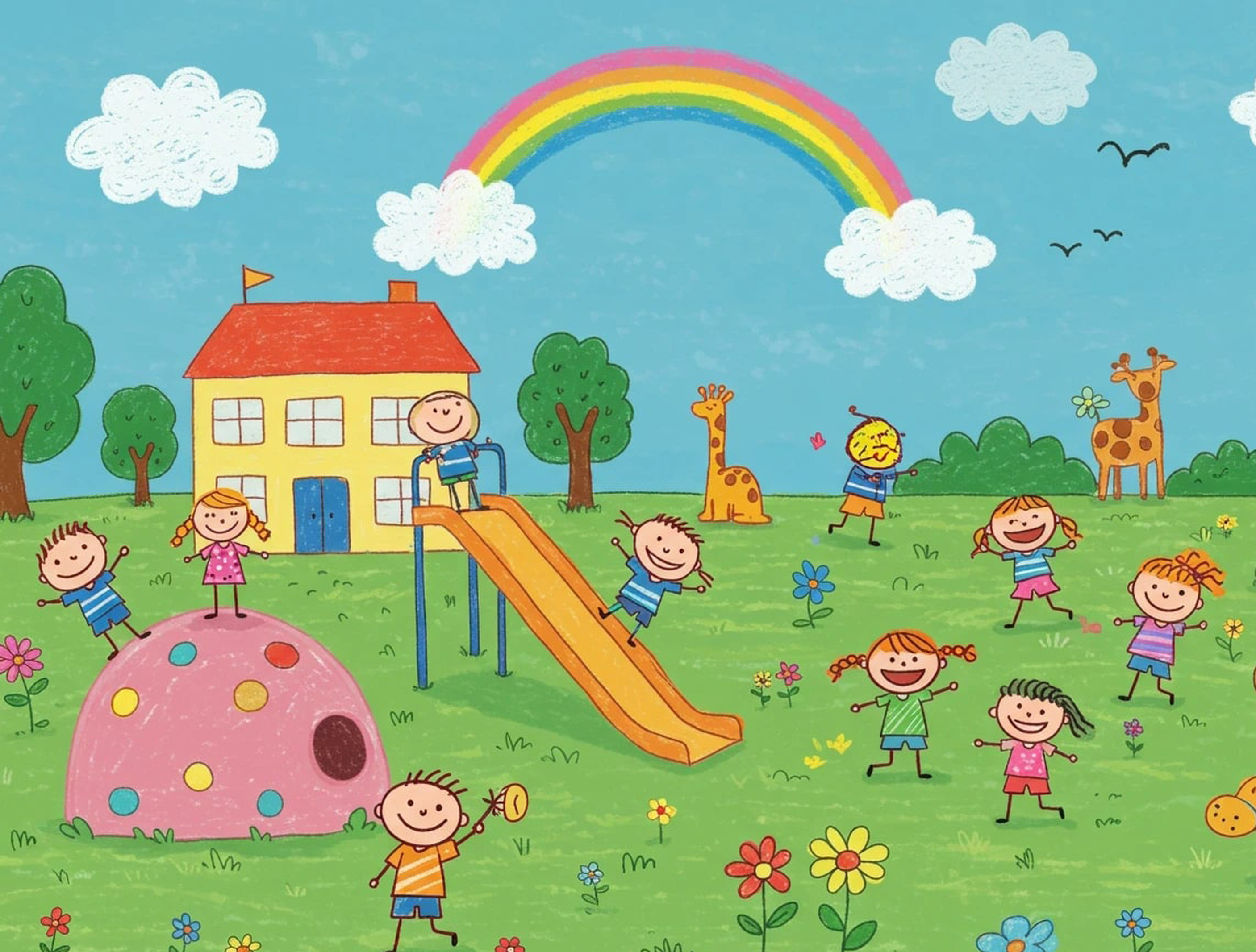 Colorful crayon drawing of happy children playing 3d animation app branding card design font graphic design icon idea illustration logo motion graphics pattern plant sign typography ui ux vector