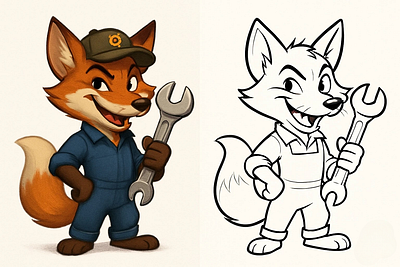 A cartoon fox mechanic in blue overalls and a cap 3d animation app branding card design font graphic design icon idea illustration logo motion graphics pattern plant sign typography ui ux vector