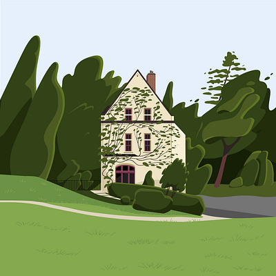 Illustration of a green landscape banner branding house illustration illustration landscape ui vector