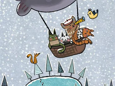 Cats in Sky cartoon cartoon illustration cats childrens illustration cryons cute digital painting forest hot bolloon illustration pets procreate sky winter