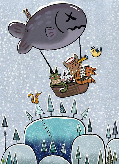 Cats in Sky cartoon cartoon illustration cats childrens illustration cryons cute digital painting forest hot bolloon illustration pets procreate sky winter