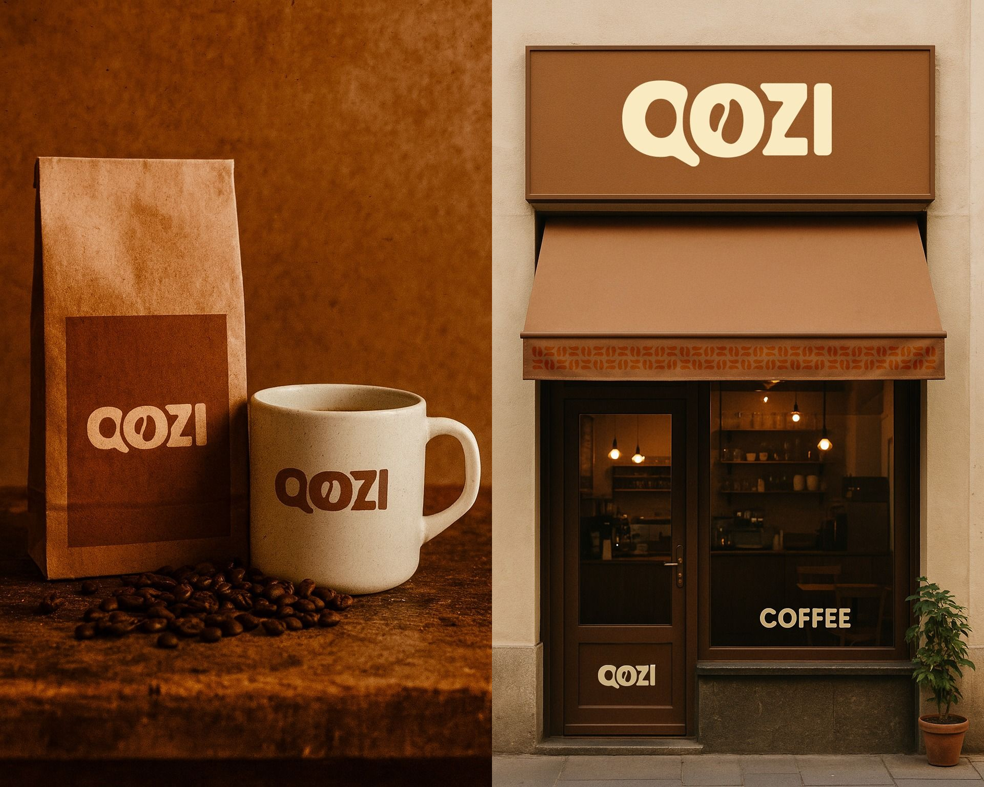 QOZI Coffee Brand bean beige brand branding brown coffee coffee shop design graphic design identity logo logo design mug warm