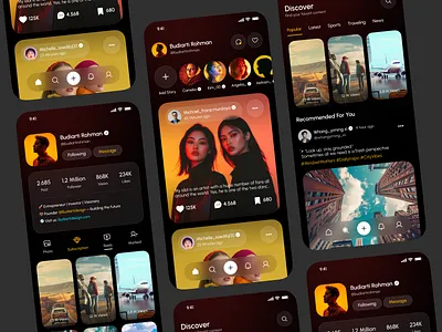 Social Media Mobile App clean comment creator dark design systems discover explore feed figma followers likes media minimal mode modern profile reels share social stories