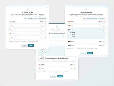 Formality setting in translation options ui ux web design