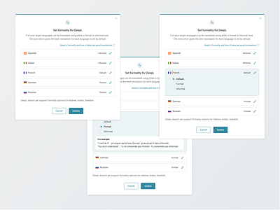 Formality setting in translation options ui ux web design