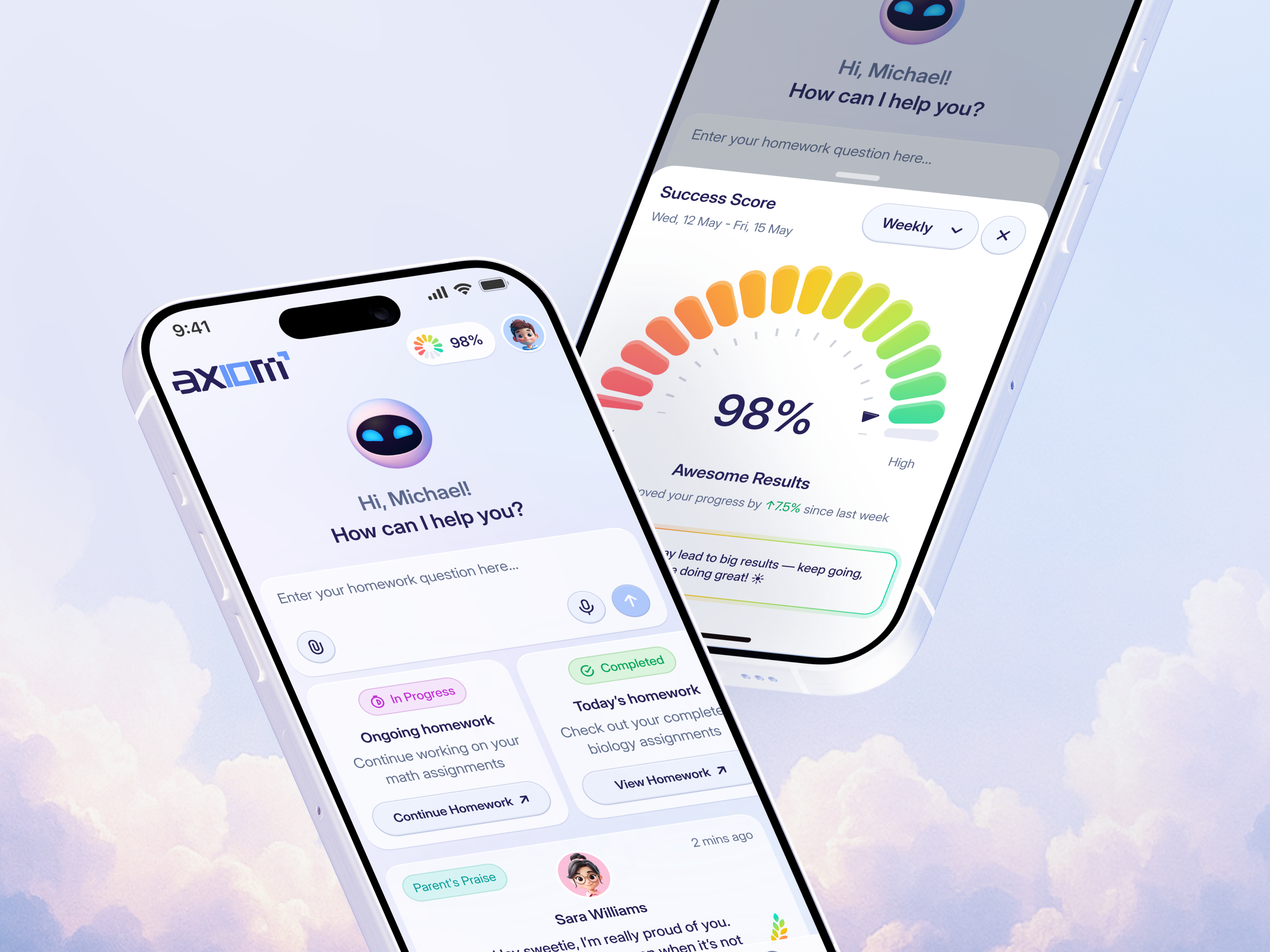 Axiom. AI tutor web-app. Case Study ai artificial intelligence avatar bento bottom sheet chart chat gpt dashboard gauge graph homework learning mascot mobile app open ai parent profile student study web app