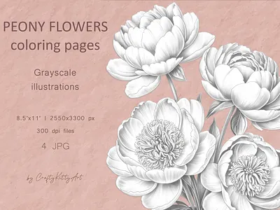 Peonies coloring pages for adults, Spring garden floral page 3d animation graphic design ui