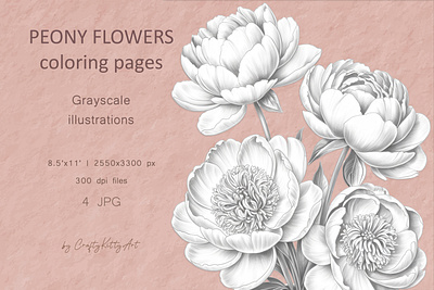 Peonies coloring pages for adults, Spring garden floral page 3d animation graphic design ui