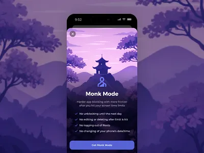Stricter app blocking with Monk Mode app app blocker app blocking apple apple design detox difficulty dopamine illustration interaction interface ios meditation monk screen time screentime setting sheet time limit wellbeing