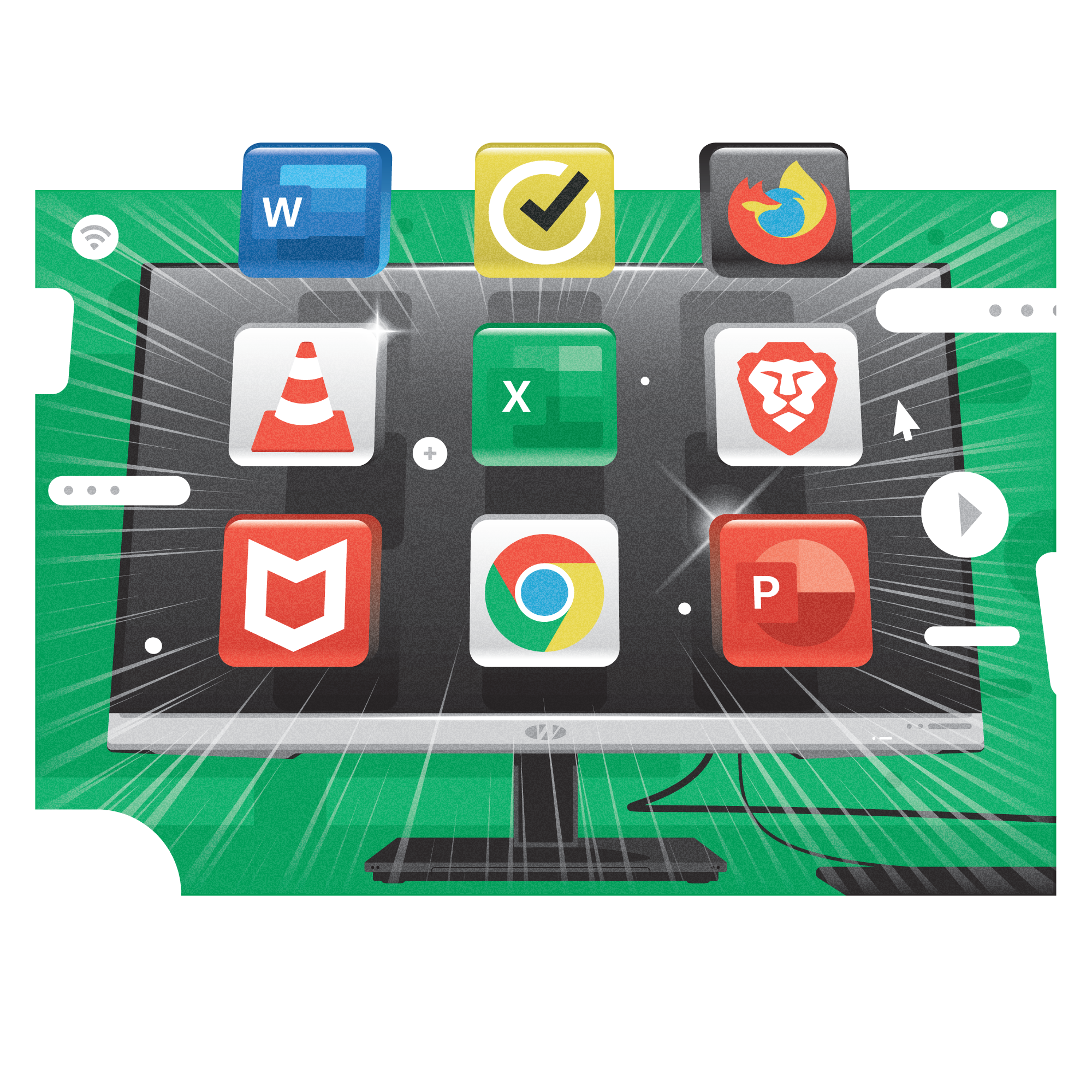 Sort your software (Which? Tech) antivirus app chrome desktop google illustration logos microsoft monitor norton powerpoint screen vlc word