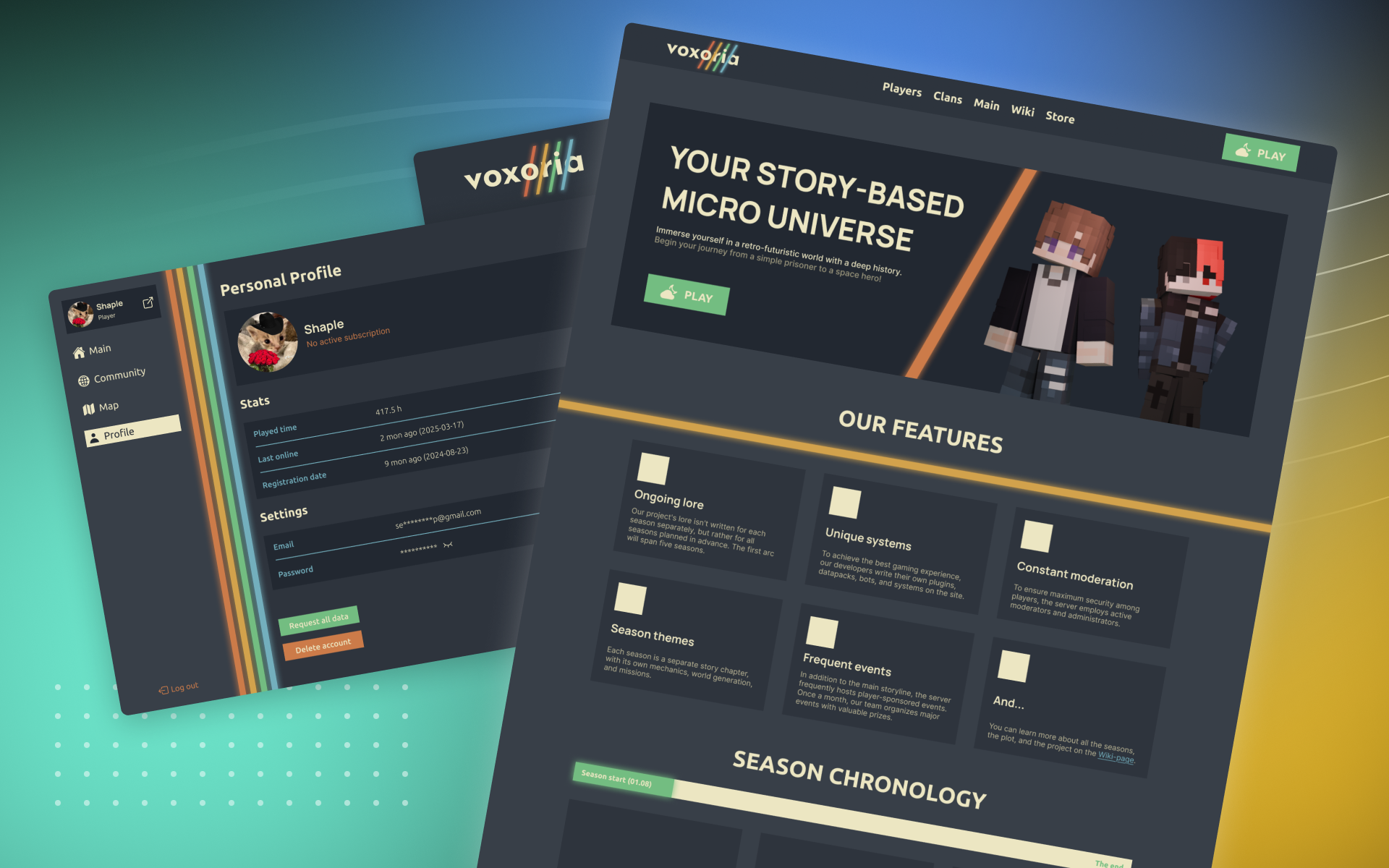 Voxoria - Story-driven Minecraft Landing Page branding design graphic design logo minecraft ui web