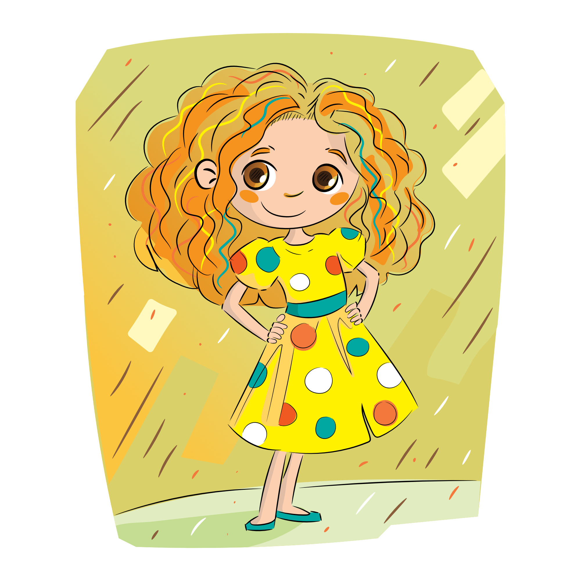 Cute Curly-Haired Girl in Polka Dot Dress Illustration clipart cute character vector character vector illustration