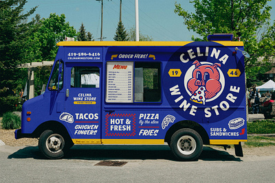 Celina Wine Store Food Truck brand identity brand mascot brand seal branding food food truck graphic design hand lettering logo logo mark mascot pig pizza primary colors restaurant retro rubber hose sign painting vehicle wrap vintage
