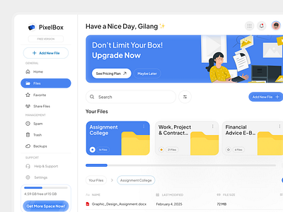 Pixelbox — Modern Cloud Storage Dashboard 3d blue branding cloud dashboard dashboard design design drive dropbox figma google drive graphic design illustration logo minimalist orenji studio ui uidesign uiux website