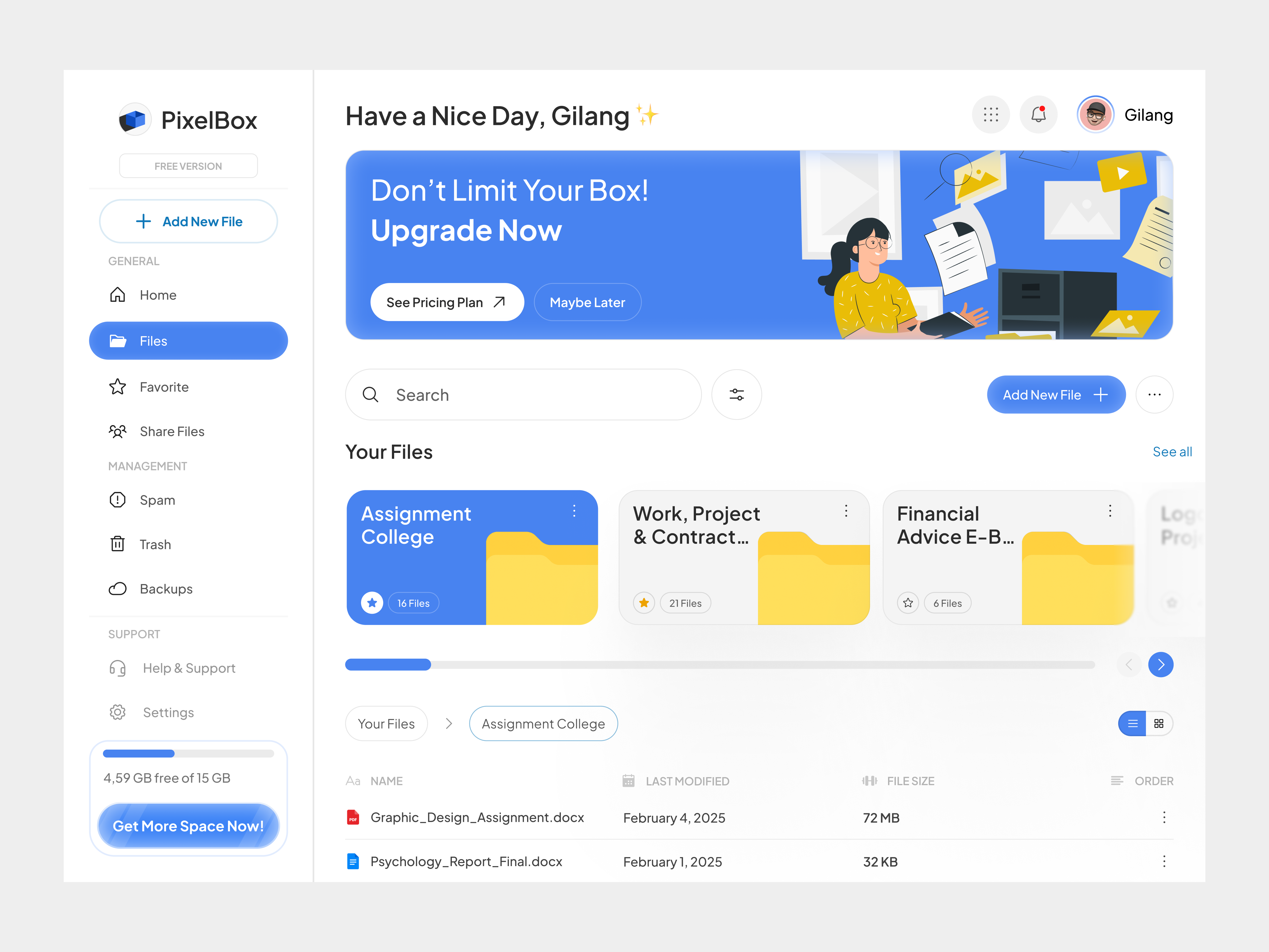 Pixelbox — Modern Cloud Storage Dashboard 3d blue branding cloud dashboard dashboard design design drive dropbox figma google drive graphic design illustration logo minimalist orenji studio ui uidesign uiux website