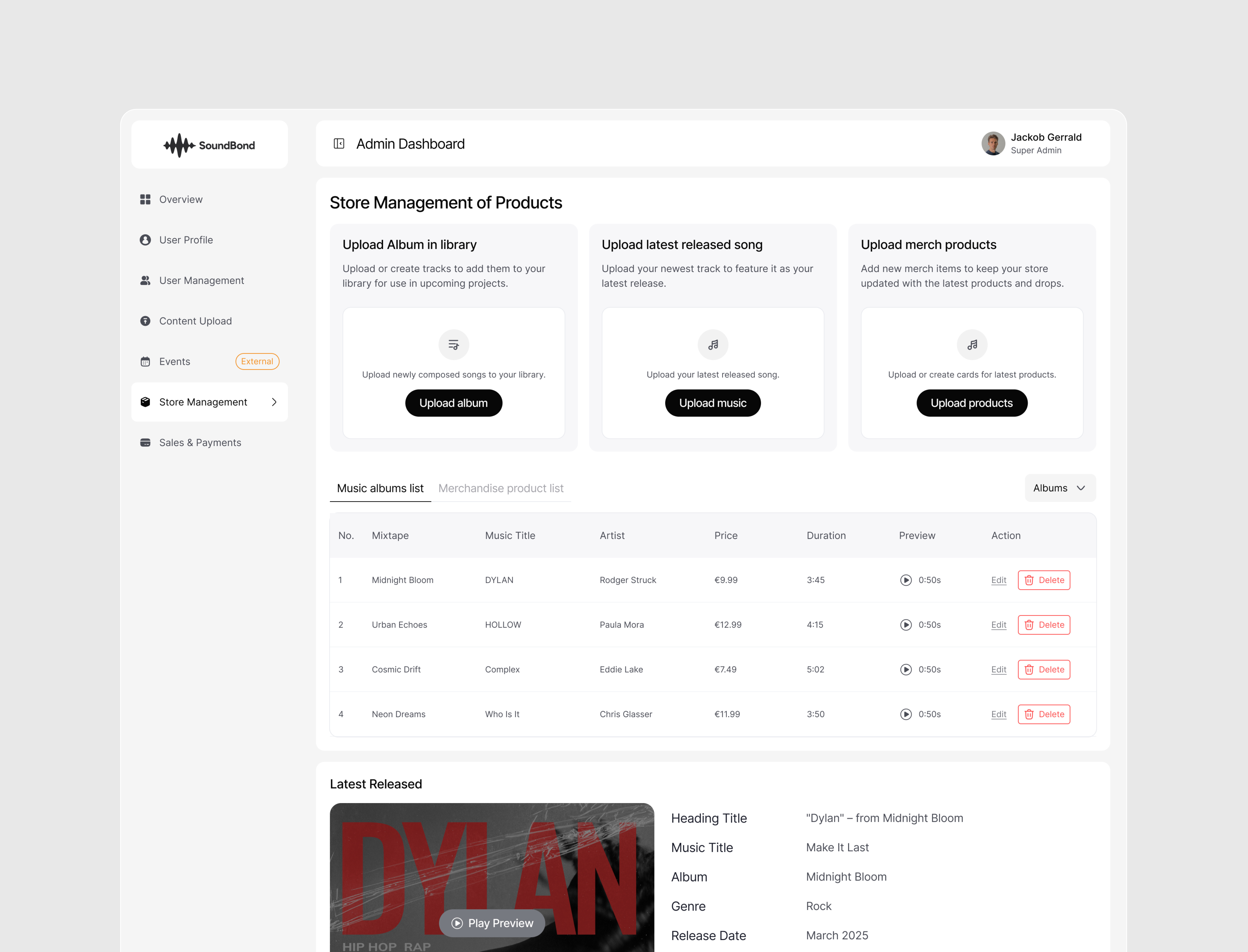 Music & Album Management – Admin Dashboard admin dashboard album management best design branding clean ui dashboard design design agency graphic design logo modern ui music and album dashboard music brand music platform product service ui uiux vexo lab agency web website