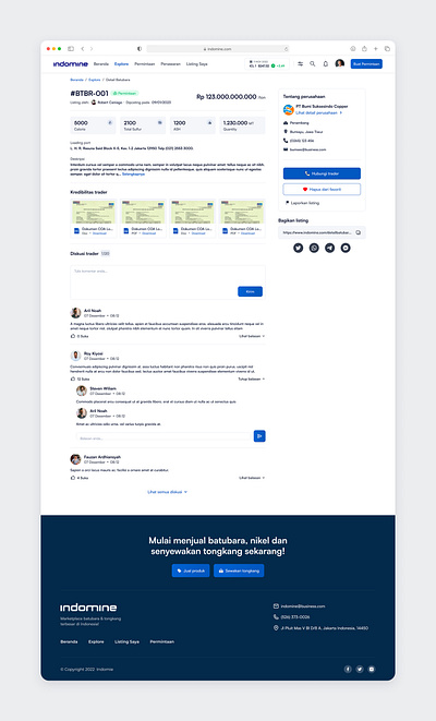 Indomine – Details Commodity Listing for SaaS Mining Marketplace coal listing dashboard design detail page landing page management marketplace mining nickel online store product design rental saas saas design traders ui ux web app web design