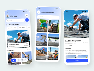 Roofing Services Mobile App app design booking app cleaning double meaning home services mobile design repairing repairing services roof services roofing user interface
