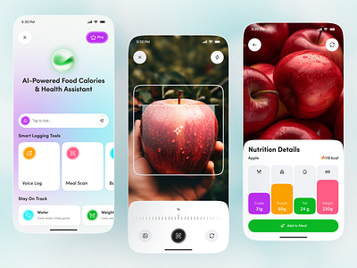 Smart Nutrition & Health Assistant Mobile App ai app app design calorie tracker fitness app food scanner futuristic ui health app health tech mobile mobile app nutrition app smart assistant ui design wellness app