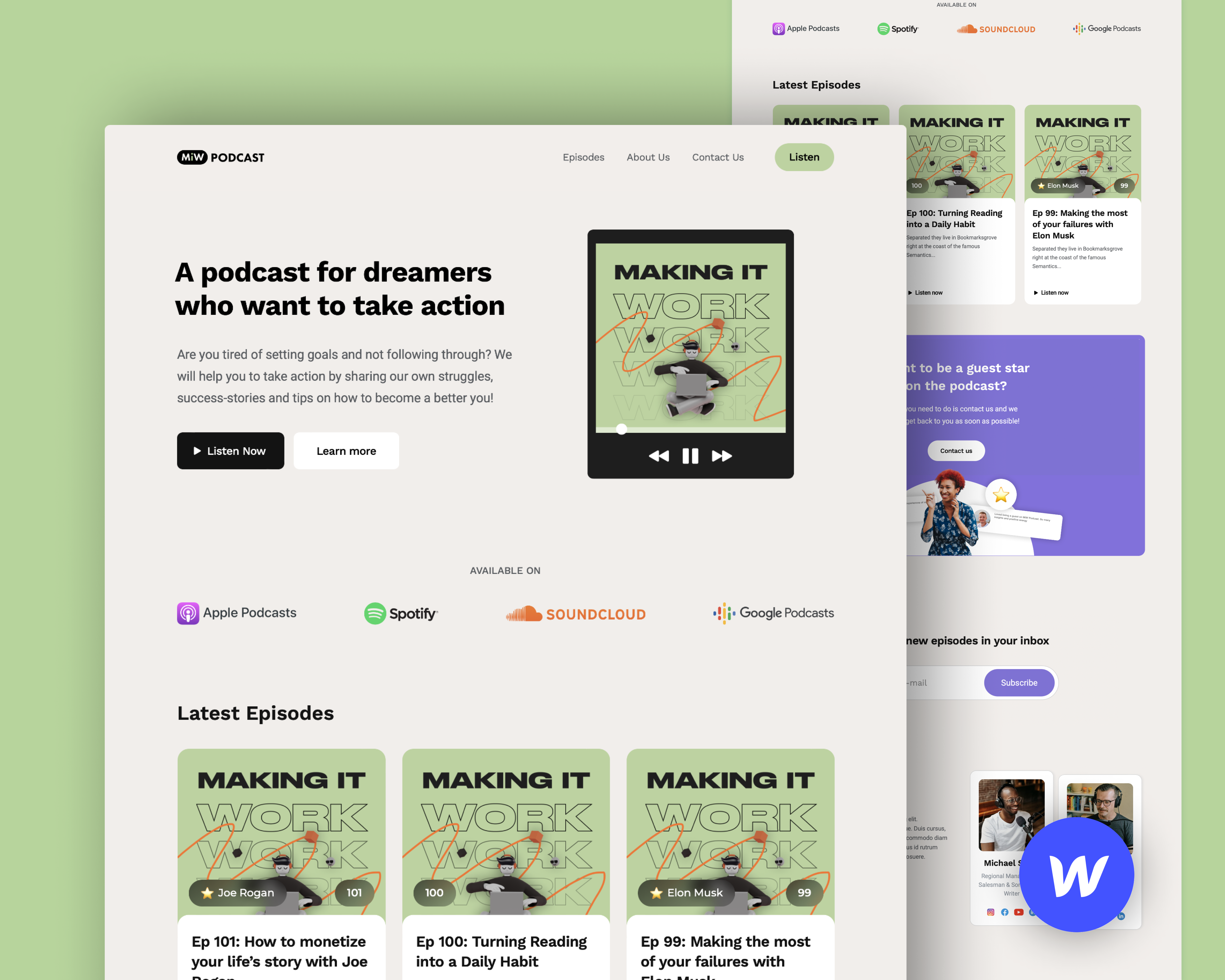 (FREE) MiW Podcast - Website Design branding graphic design illustration landing page podcast podcast logo podcast website web design webflow webflow template