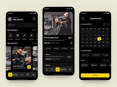 Modern Barber & Salon Booking Mobile App app design appointment app barber app barber app ui barbershop app beauty app design beauty salon app booking app grooming app hair salon app mobile mobile app salon app ui salon booking app spa booking app ui design