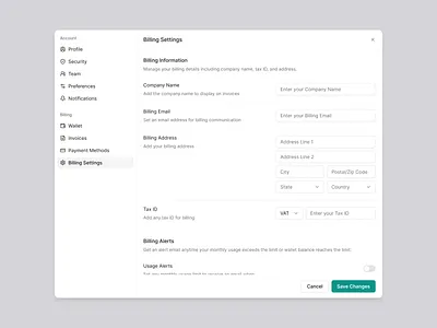Billing Settings billing billing alerts billing information billing settings billing ui design modal modal ui pop up popup settings settings ui ui ui design uiux wallet