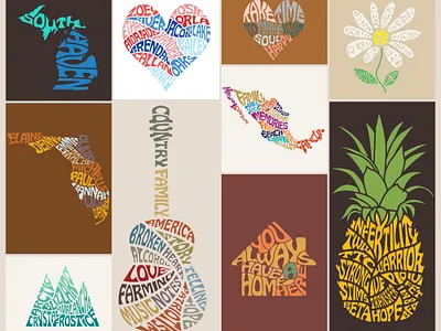 Some of my work creative design custom designs illustration lettering shaped words shapes typography word art word cloud words in shapes