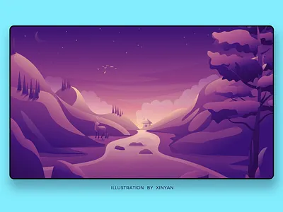 Tranquil twilight landscape cabin cdeer forest illustration landscape moon mountain nature peaceful river serene sky stars twilight valley wilderness wildlife