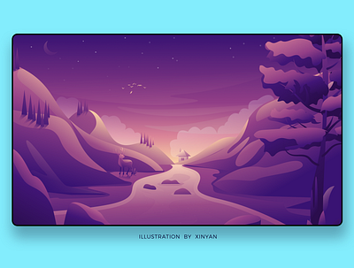 Tranquil twilight landscape cabin cdeer forest illustration landscape moon mountain nature peaceful river serene sky stars twilight valley wilderness wildlife