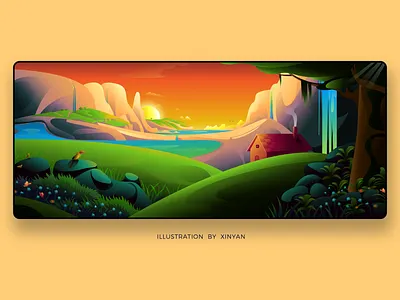 Magical Happy Valley Morning Landscape Illustration birds cottage dream fantasy hills illustration lake landscape mountains nature sunrise tropical water wildlife
