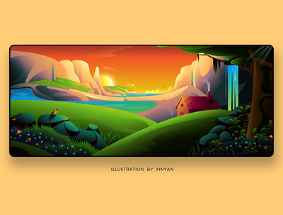 Magical Happy Valley Morning Landscape Illustration birds cottage dream fantasy hills illustration lake landscape mountains nature sunrise tropical water wildlife