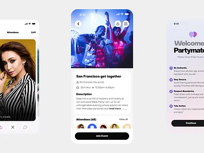 Partymatch - Meet, Connect and Share Love chat events figma messages mobile mobile app mobile ui party ui