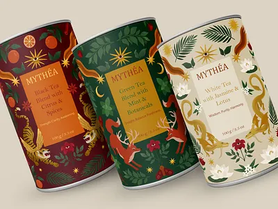 Premium tea packaging design and illustrations botanical branding design dragon floral food paackaging forest fox illustration label design mythical creature mythology nature package design packaging packaging design packaging illustration tea tea packaging tiger