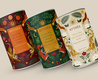 Premium tea packaging design and illustrations botanical branding design dragon floral food paackaging forest fox illustration label design mythical creature mythology nature package design packaging packaging design packaging illustration tea tea packaging tiger