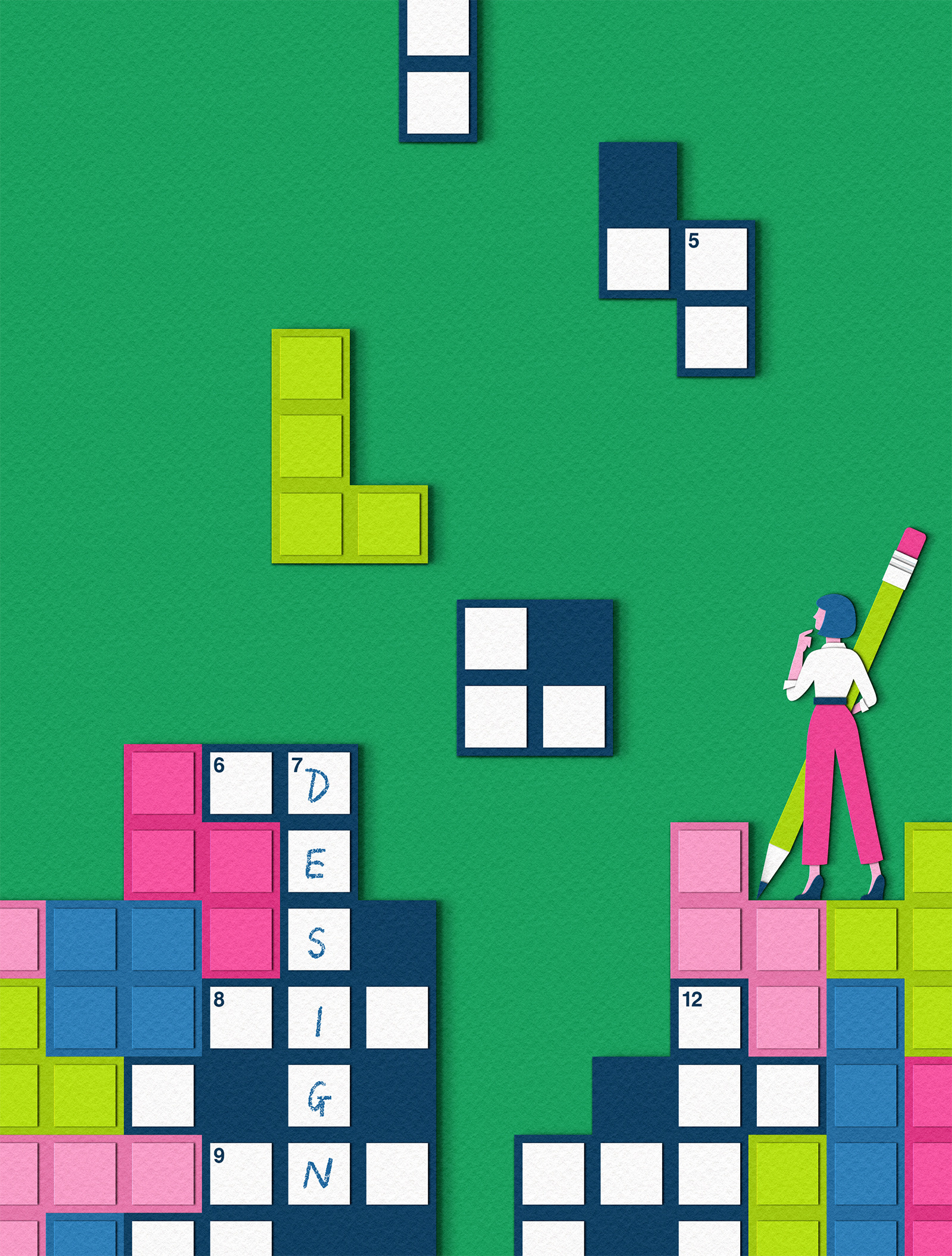 Thinking Outside the Blocks crossword design editorial game illustration magazine paper craft papercut pencil people problem solving puzzle tetris