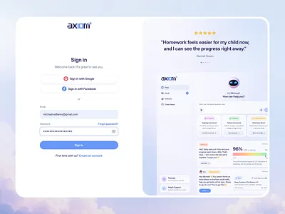 Axiom. AI tutor web-app. Sign In page ai app blue chatbot chatgpt dashboard design log in screen sign in sign up ui ux