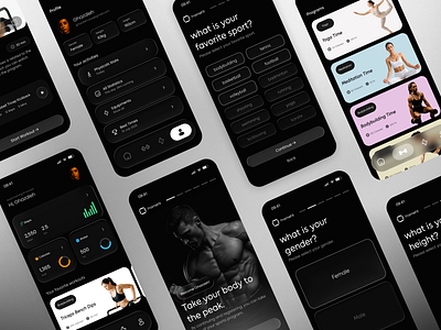 Next-Gen Fitness App – Dark Mode Done Right ⚡️ app design app ui cardio fit fitness fitness app fitness club fitness tracker fitness trainer gym gym app iphone mobile app runners sport sport app trainer ui wellness workout