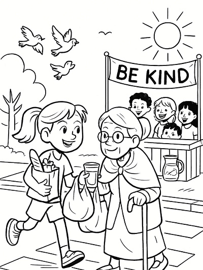 Black and white line art of a girl helping an elderly woman