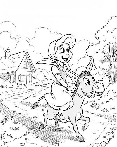 A black and white cartoon line drawing of a smiling girl